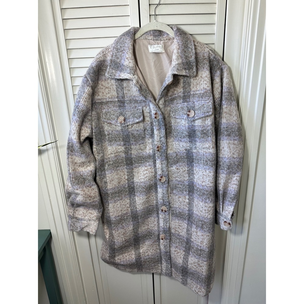 Z Supply Plaid Longline Shacket Purple Grey Button Front Jacket Large ZJ233808